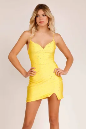 Abby Paris 94120 Cocktail Dress Size 0, 6 Yellow Cocktail Dress Short Fitted Embellished Homecoming Dress