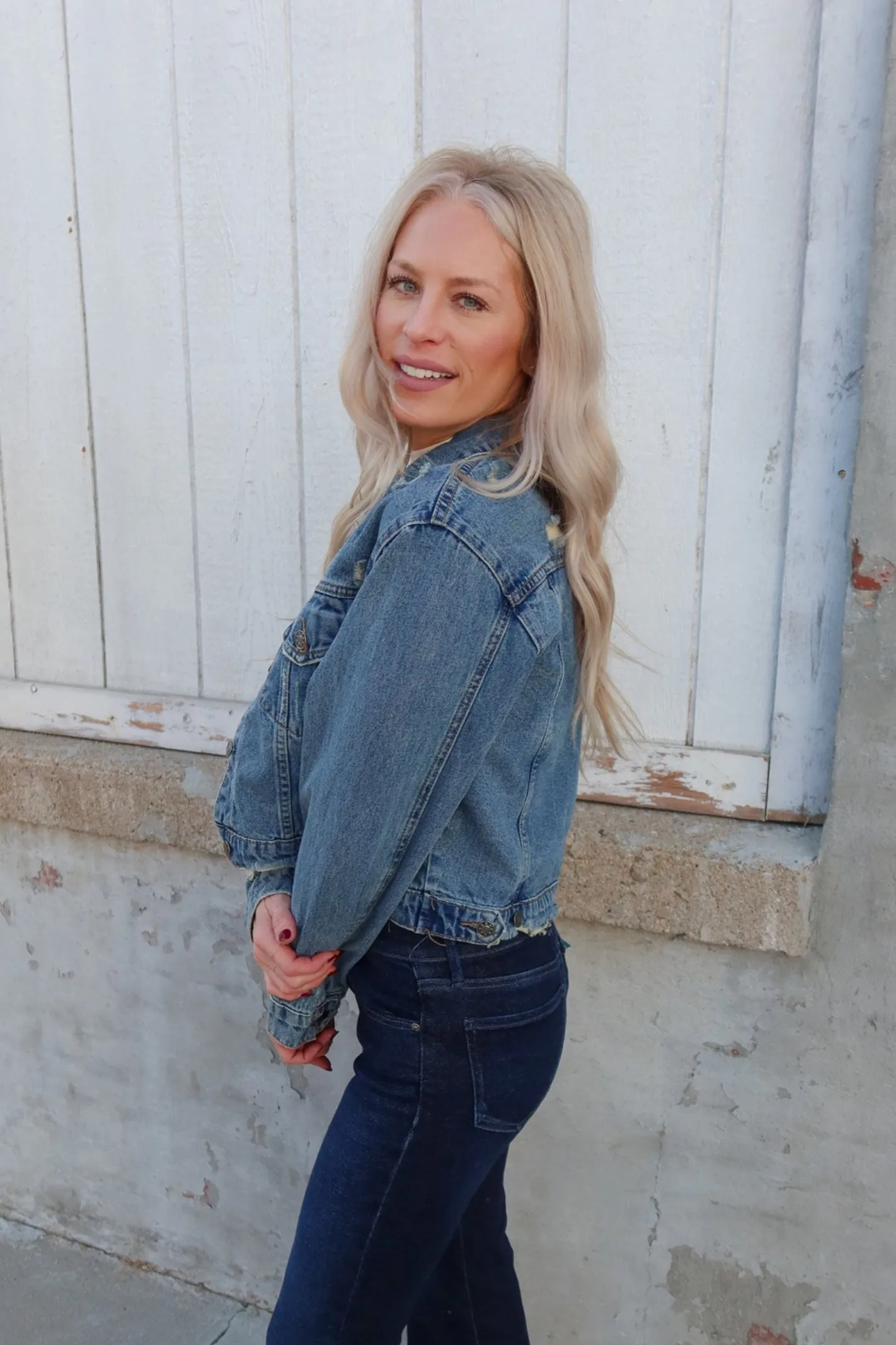 Afternoon Date Distress Hem Cropped Denim Jacket
