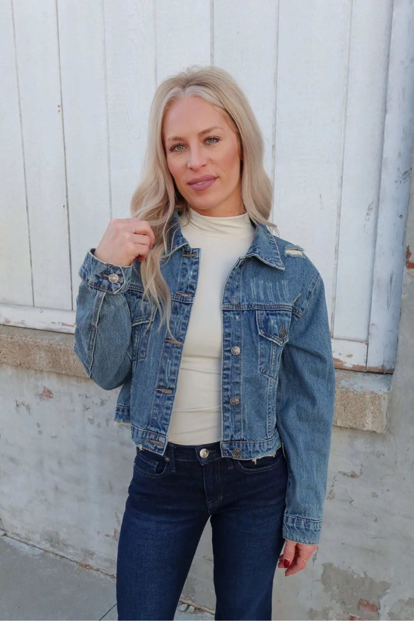 Afternoon Date Distress Hem Cropped Denim Jacket