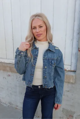 Afternoon Date Distress Hem Cropped Denim Jacket