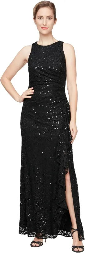 Alex Evenings Women's Long Sleeveless Mother of The Bride Dress W/Cascade Ruffle & Front Slit (Petite and Regular Sizes)