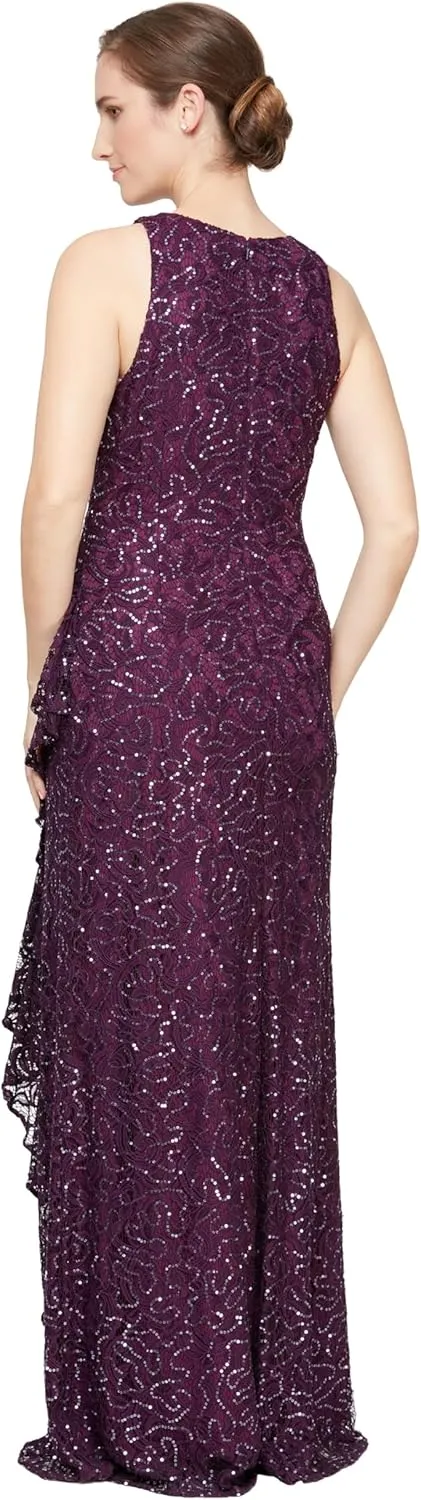 Alex Evenings Women's Long Sleeveless Mother of The Bride Dress W/Cascade Ruffle & Front Slit (Petite and Regular Sizes)