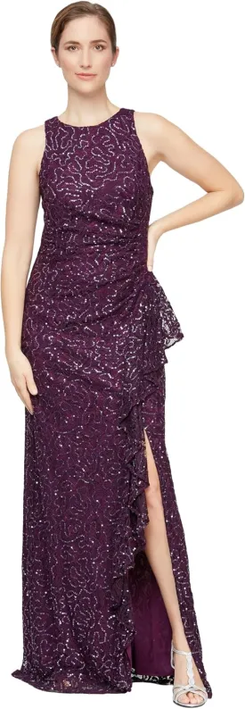 Alex Evenings Women's Long Sleeveless Mother of The Bride Dress W/Cascade Ruffle & Front Slit (Petite and Regular Sizes)