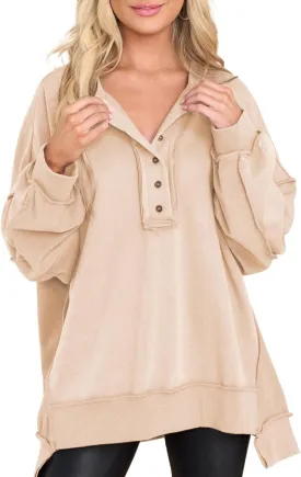 AlvaQ Women's Oversized Sweatshirt Casual Long Sleeve Button Henley Neck Pullover Tunic Tops Outfits