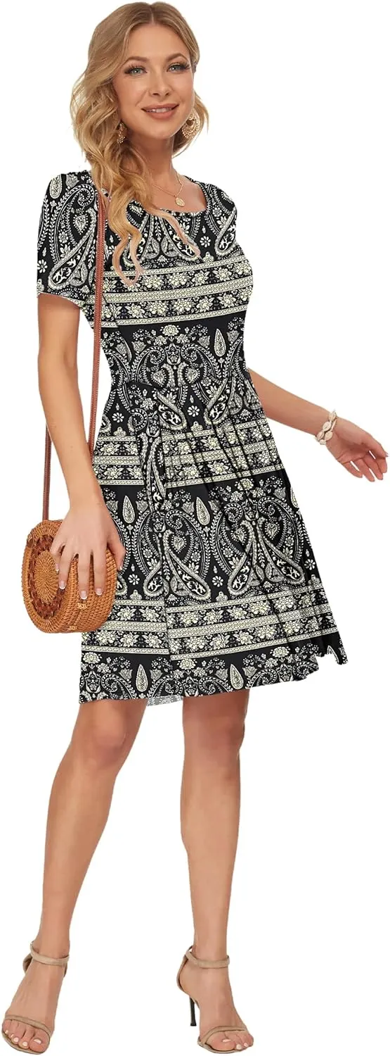 AUSELILY Women's Short Sleeve Summer Dress Pleated Loose Swing Knee Length Dresses with Pockets 2025 New