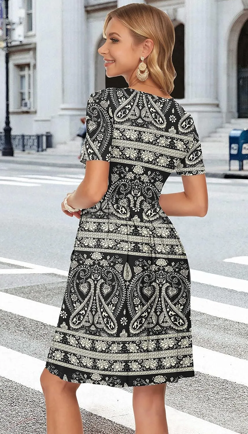 AUSELILY Women's Short Sleeve Summer Dress Pleated Loose Swing Knee Length Dresses with Pockets 2025 New