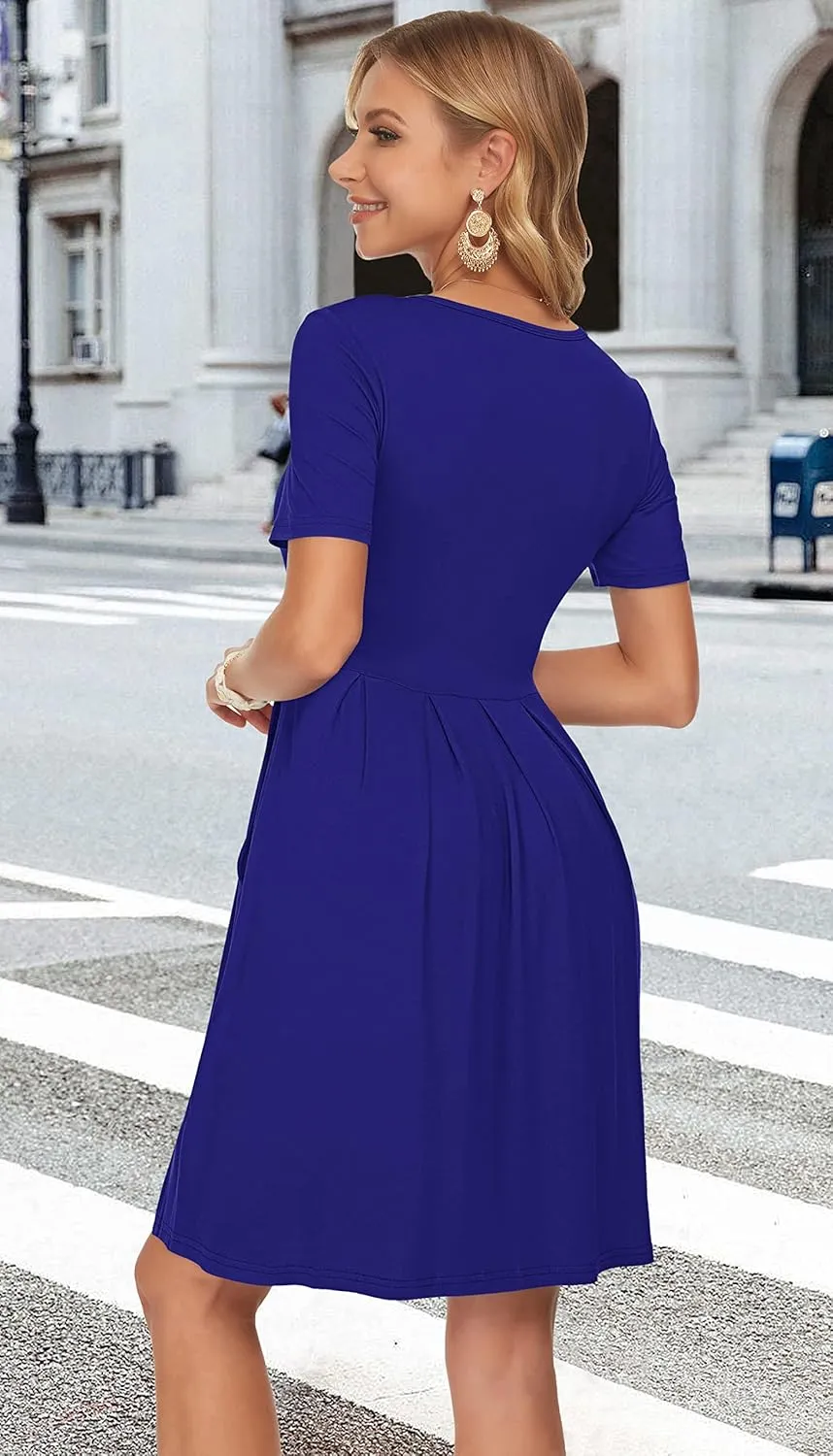 AUSELILY Women's Short Sleeve Summer Dress Pleated Loose Swing Knee Length Dresses with Pockets 2025 New
