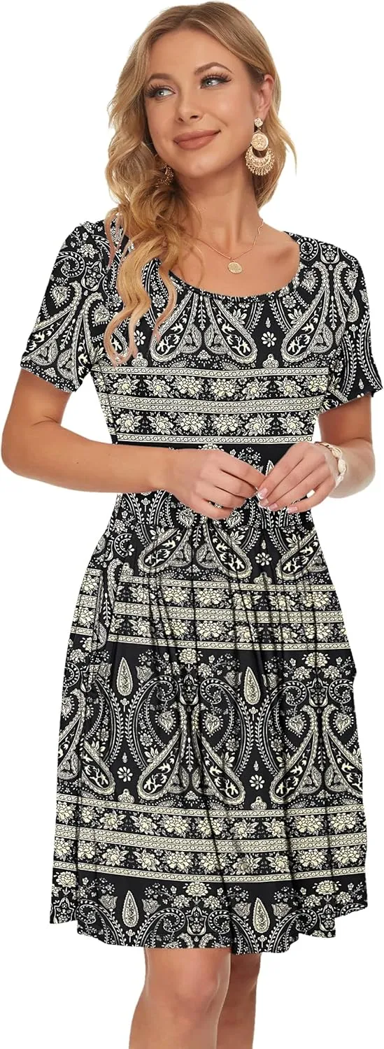 AUSELILY Women's Short Sleeve Summer Dress Pleated Loose Swing Knee Length Dresses with Pockets 2025 New