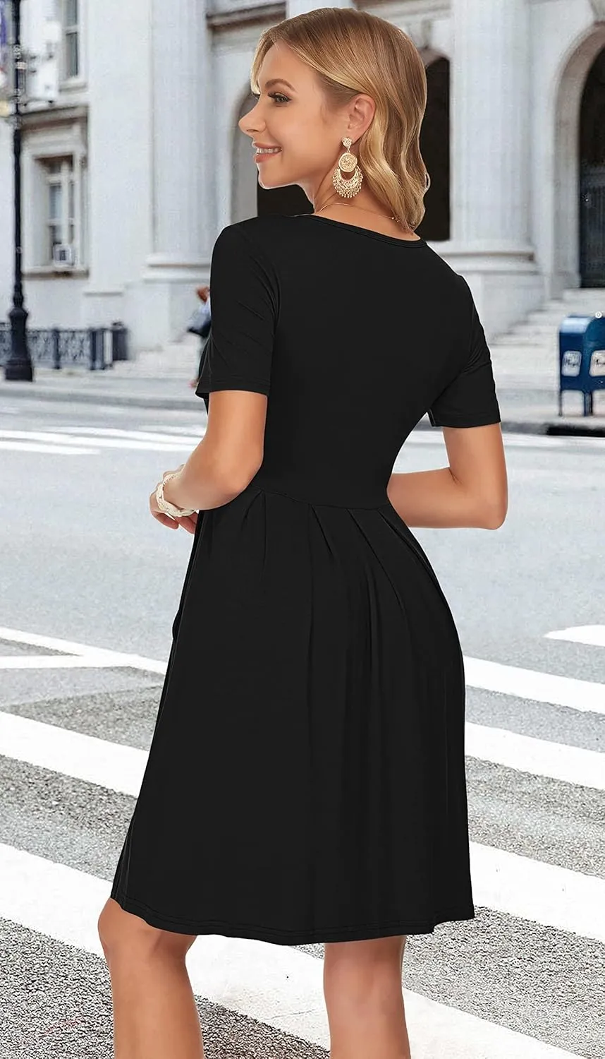 AUSELILY Women's Short Sleeve Summer Dress Pleated Loose Swing Knee Length Dresses with Pockets 2025 New