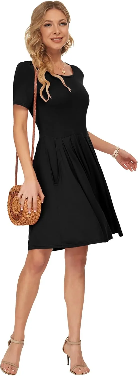 AUSELILY Women's Short Sleeve Summer Dress Pleated Loose Swing Knee Length Dresses with Pockets 2025 New