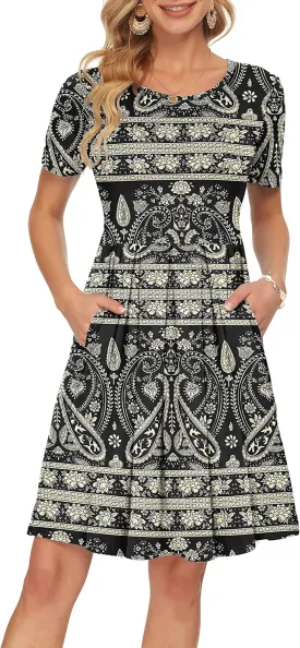 AUSELILY Women's Short Sleeve Summer Dress Pleated Loose Swing Knee Length Dresses with Pockets 2025 New