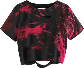 Avanova Women Distressed Loose Crop Top Oversized Short Sleeve Ripped Tee Shirt