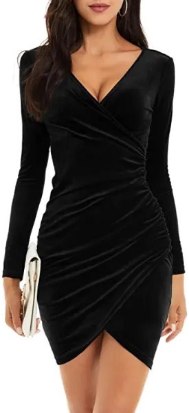 Black Womens Wrap V Neck Long Sleeve Velvet Bodycon Ruched Cocktail Party Dress - Guberry