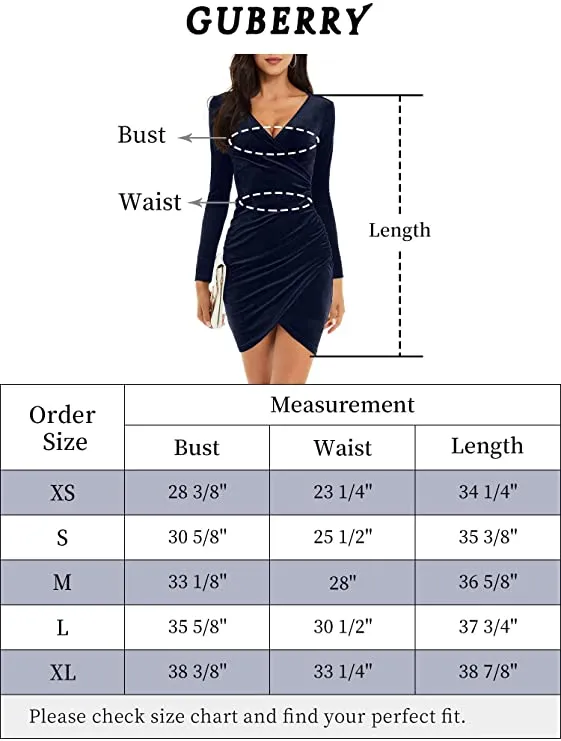 Blue Womens Wrap V Neck Long Sleeve Velvet Bodycon Ruched Cocktail Party Dress - Guberry