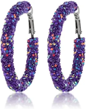 Bohemian Glitter Hoop Earrings Sparkle Resin Rhinestone Hoop Dangle Earrings for Women Round Circle Sequins Shiny Statement Earrings