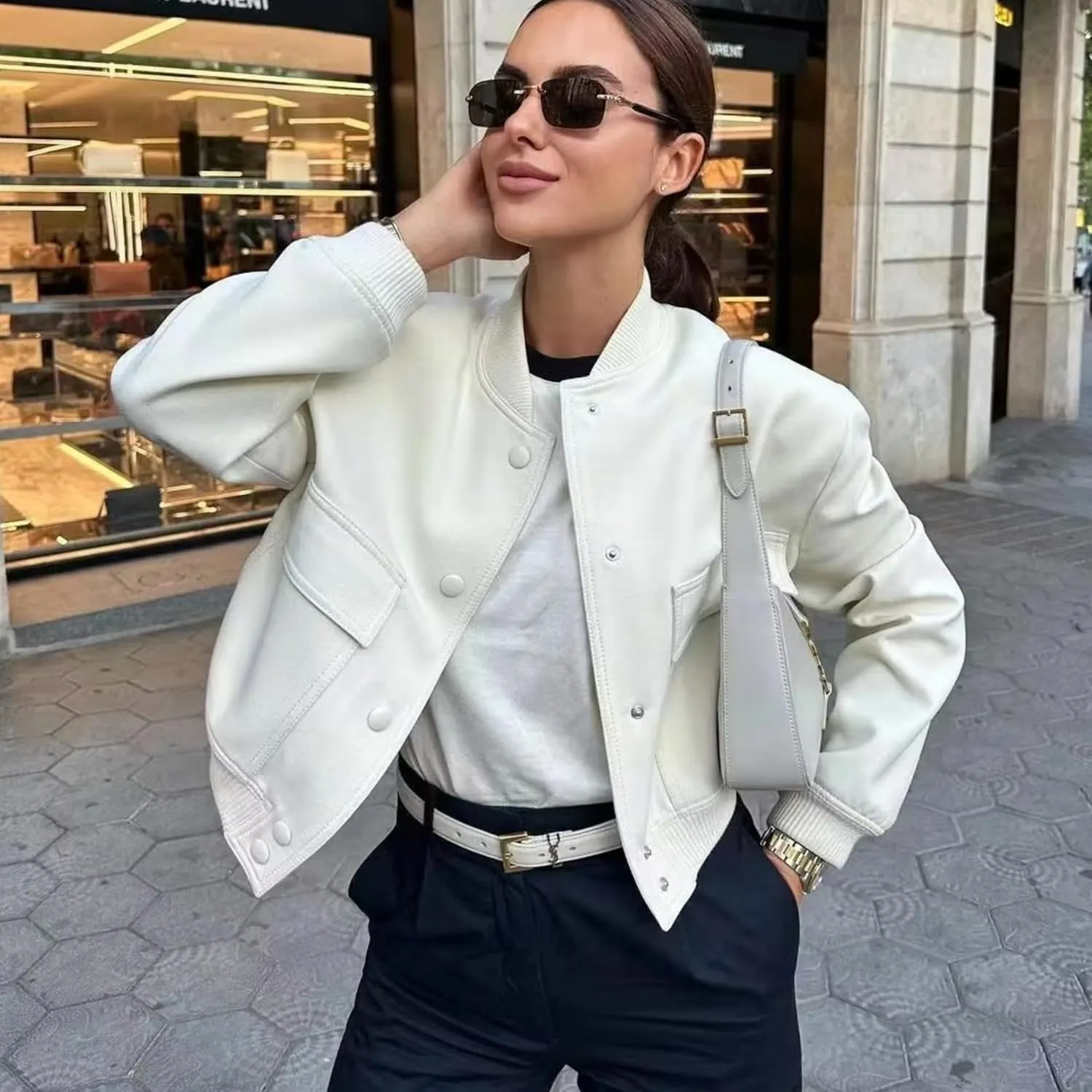 Bozanly Women's Stand Collar Button Down Cropped Shacket Jacket Solid Color Varsity Bomber Jackets 2025