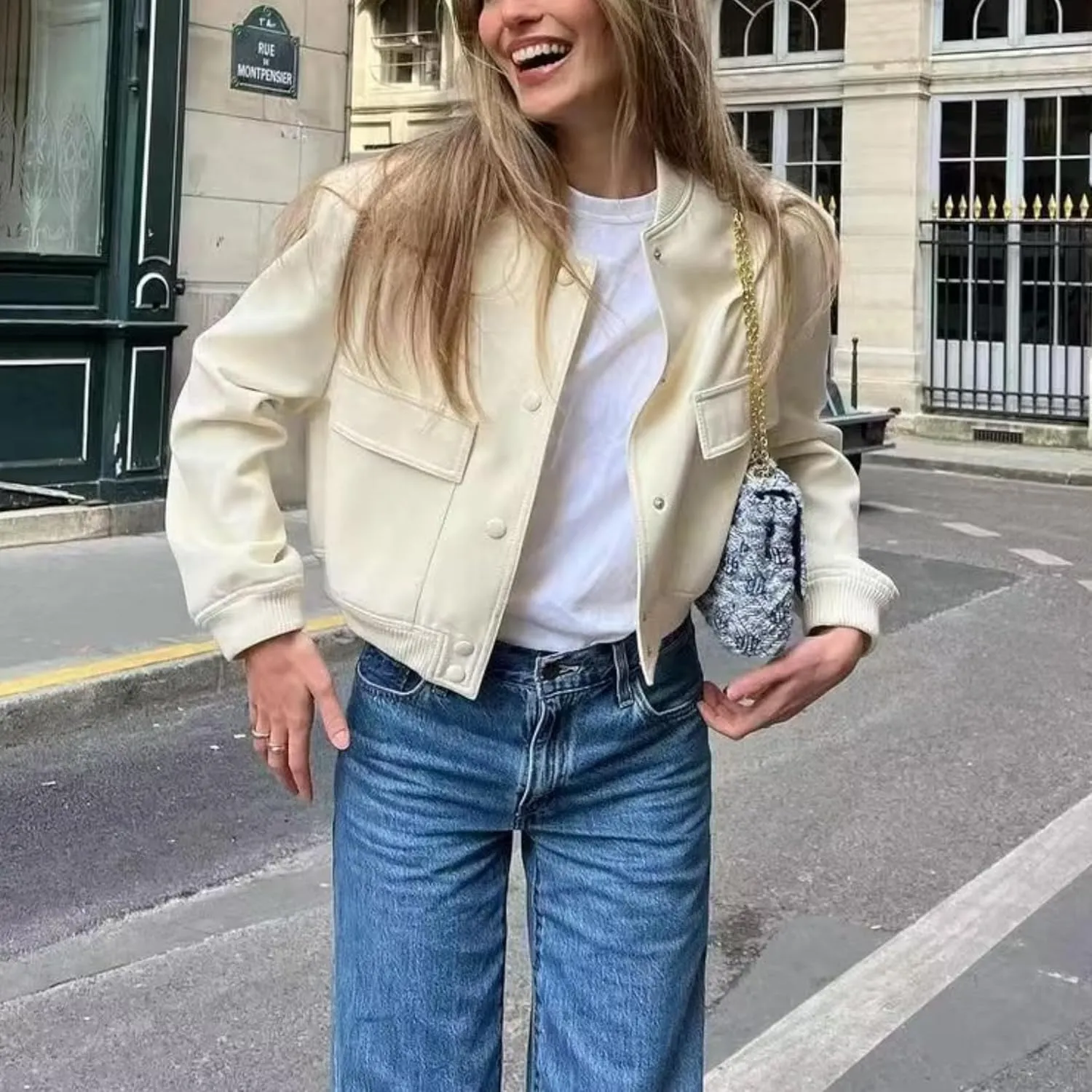 Bozanly Women's Stand Collar Button Down Cropped Shacket Jacket Solid Color Varsity Bomber Jackets 2025