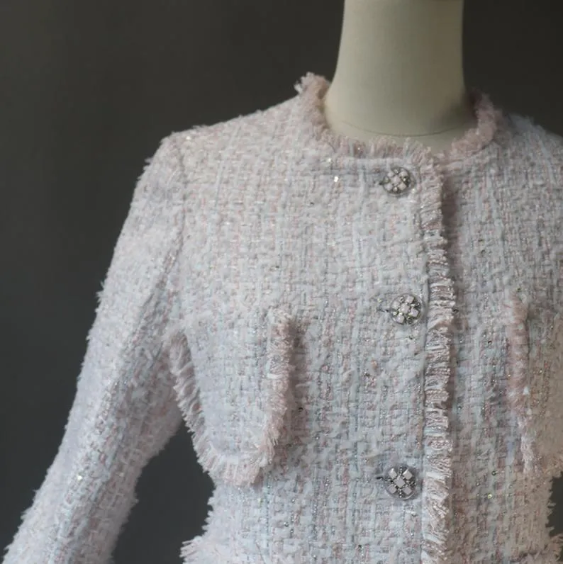 Custom made Baby Pink Tweed Jacket Coat Blazer