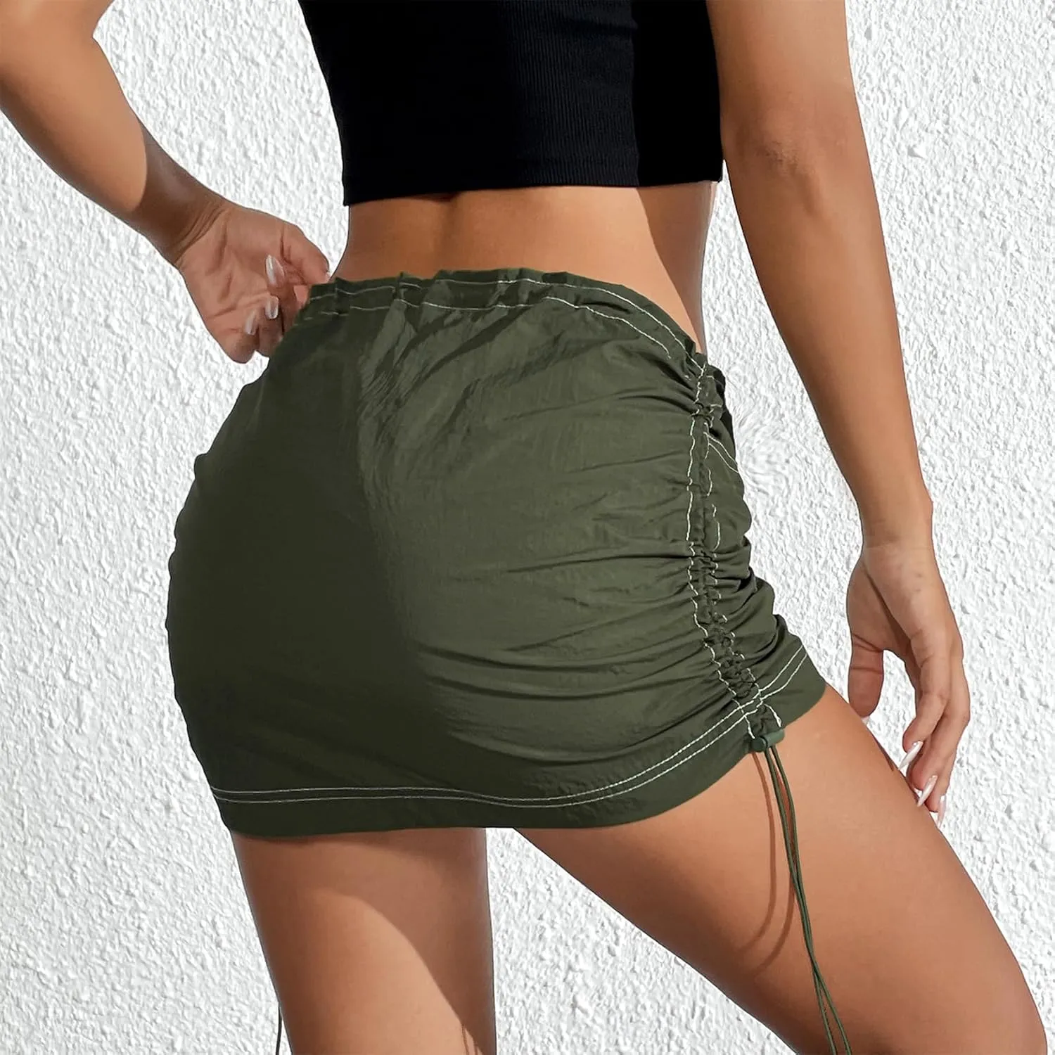Durio Cargo Skirt Y2K, Mini Skirt for Women Drawstring Sexy Skirt Low Rise with Pocket