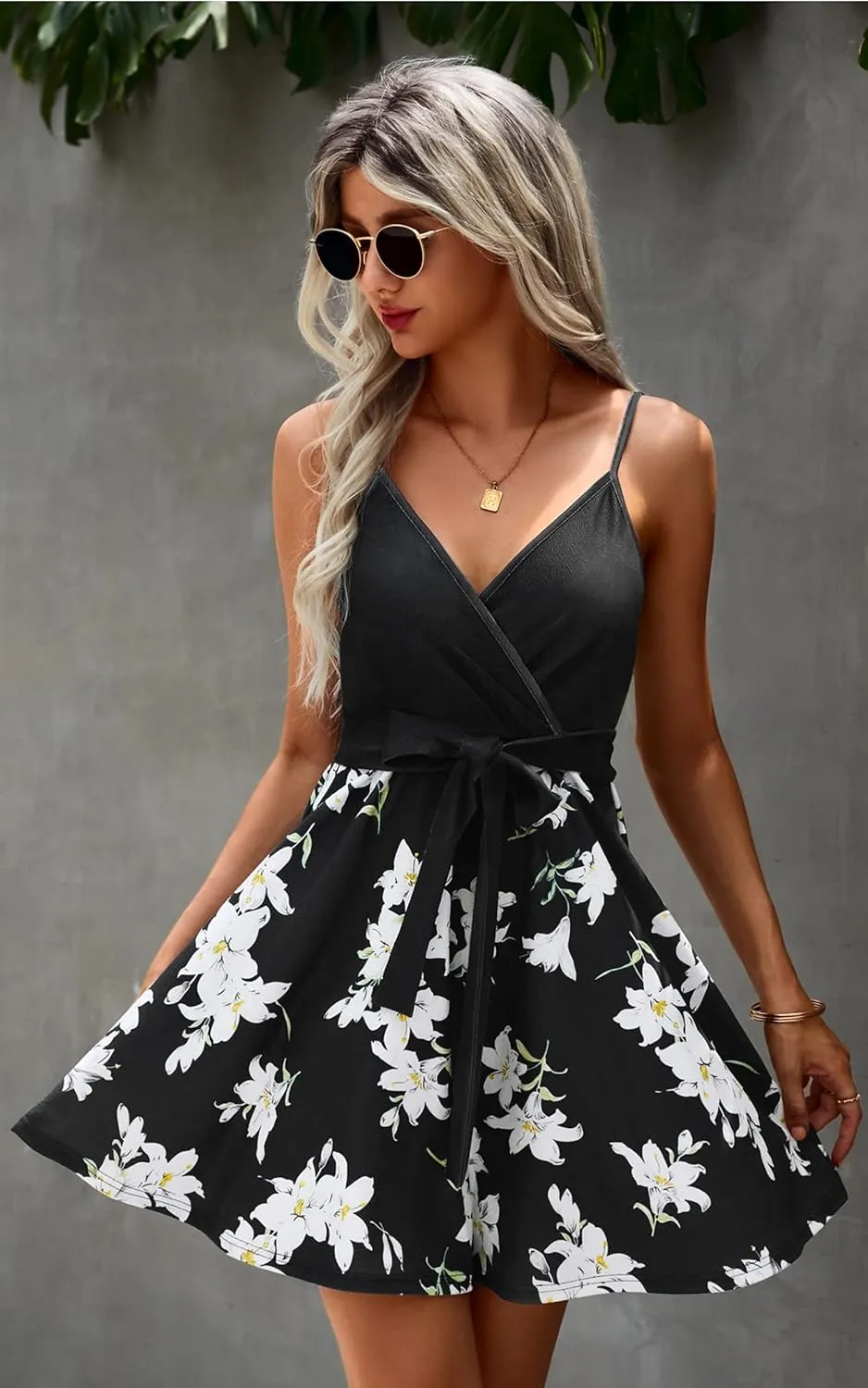 ECOWISH Summer Dresses for Women 2025 V-Neck Spaghetti Strap Bowknot Backless Sleeveless Lace Mini Swing Skater Dress