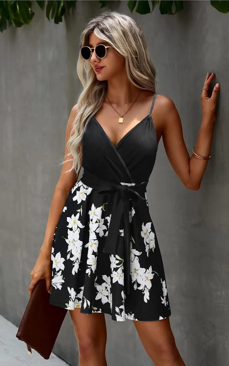 ECOWISH Summer Dresses for Women 2025 V-Neck Spaghetti Strap Bowknot Backless Sleeveless Lace Mini Swing Skater Dress