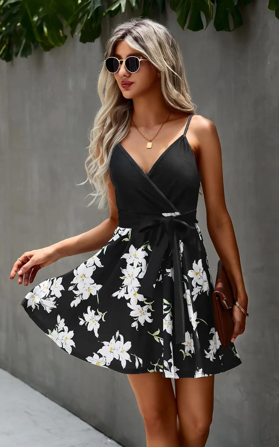 ECOWISH Summer Dresses for Women 2025 V-Neck Spaghetti Strap Bowknot Backless Sleeveless Lace Mini Swing Skater Dress