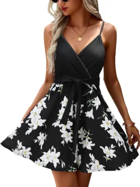 ECOWISH Summer Dresses for Women 2025 V-Neck Spaghetti Strap Bowknot Backless Sleeveless Lace Mini Swing Skater Dress