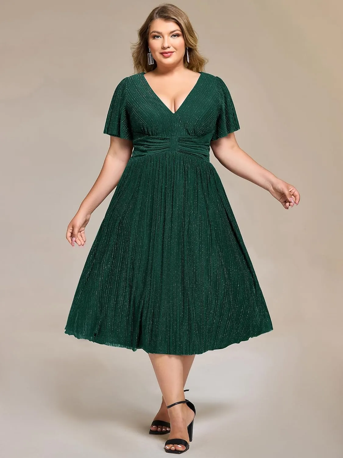 Ever-Pretty Plus Women's V Neck Short Sleeves A Line Glitter Midi Plus Size Formal Wedding Guest Dresses