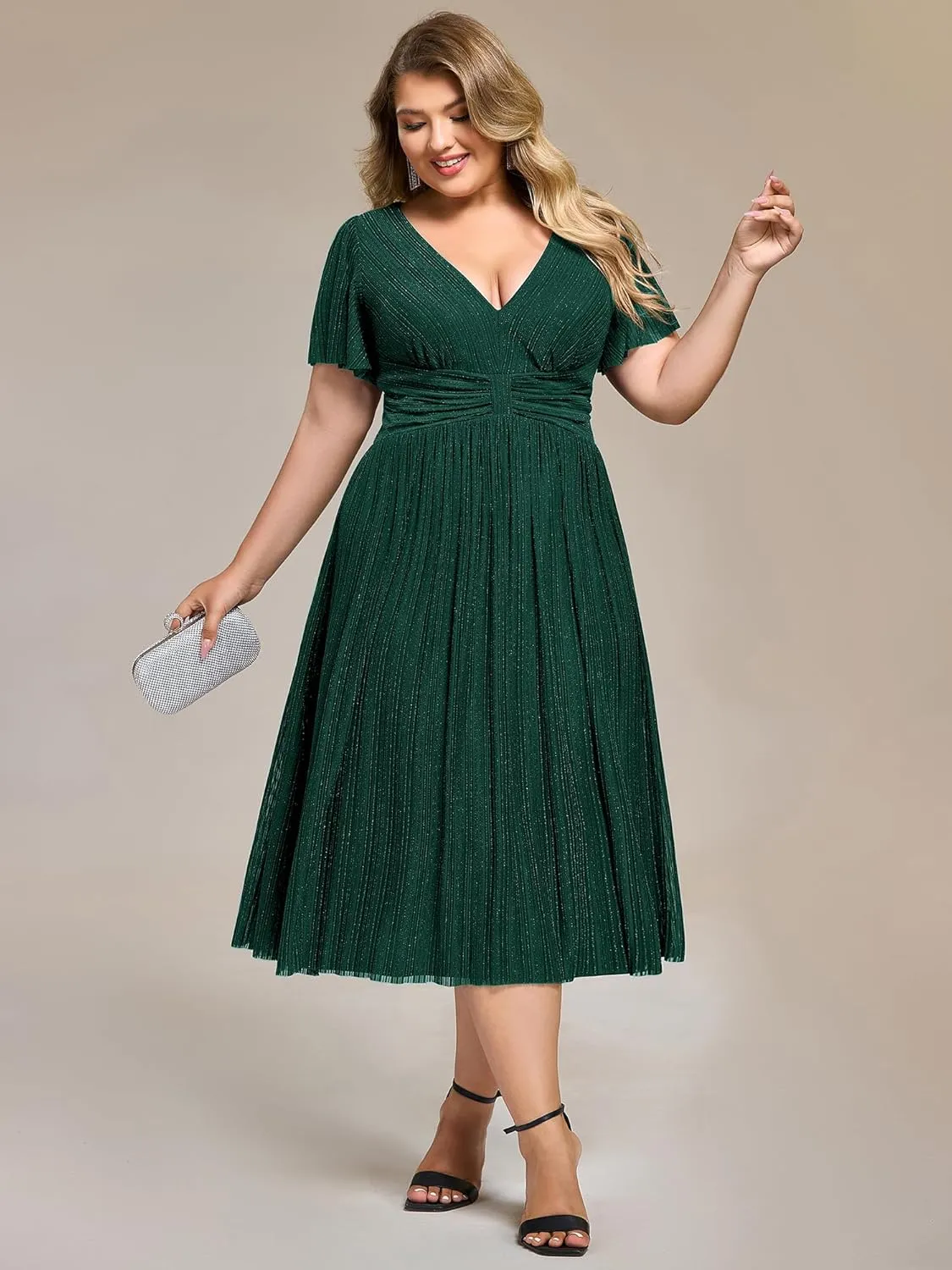 Ever-Pretty Plus Women's V Neck Short Sleeves A Line Glitter Midi Plus Size Formal Wedding Guest Dresses