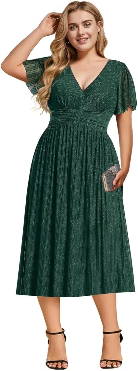 Ever-Pretty Plus Women's V Neck Short Sleeves A Line Glitter Midi Plus Size Formal Wedding Guest Dresses