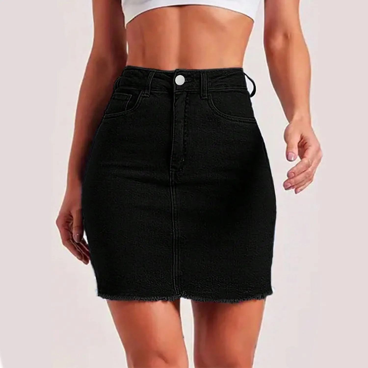 fanmpghleoo Denim Skirts for Women Short Frayed Hem Curvy Pencil Skirt High Waisted Summer Casual Jean Skirts with Pockets