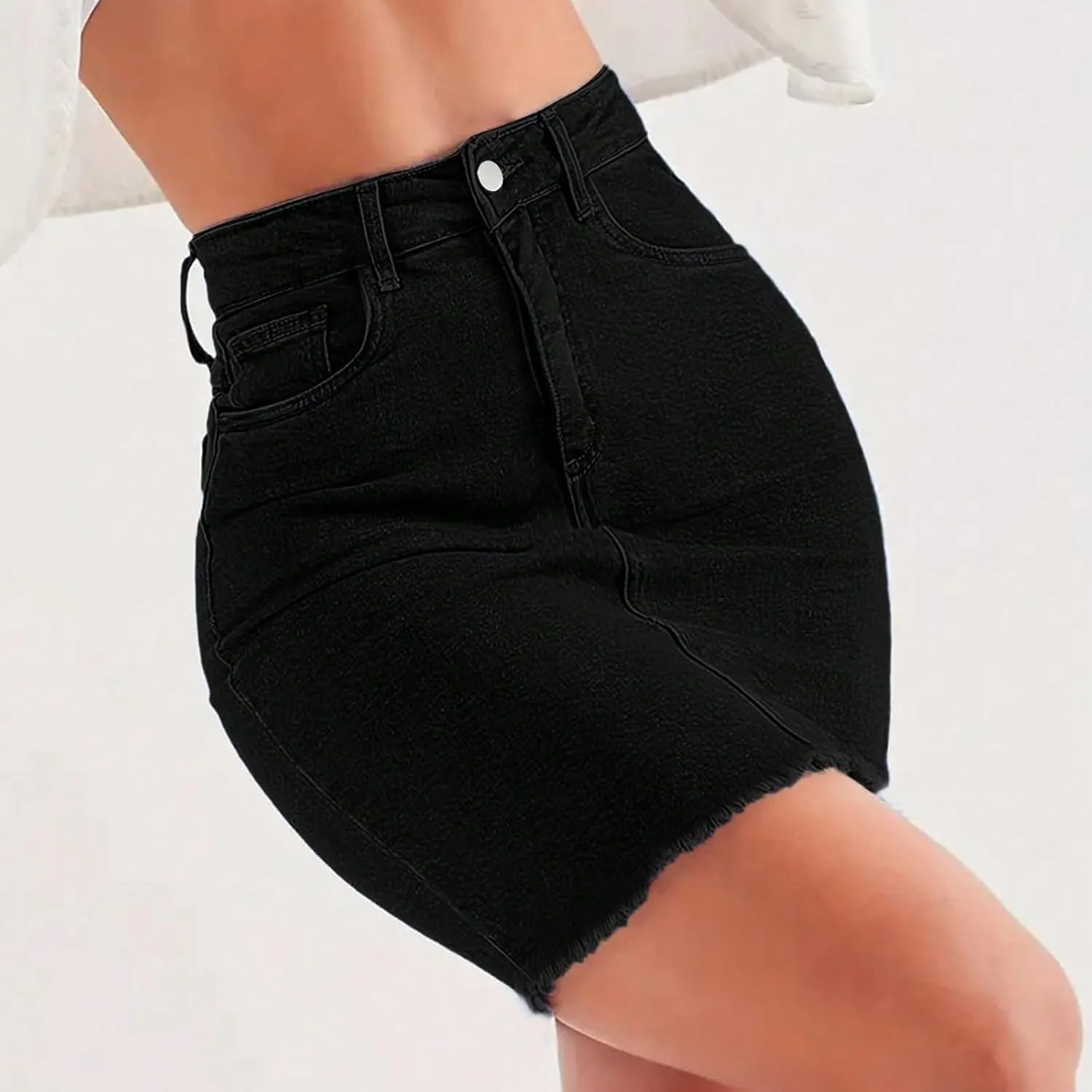 fanmpghleoo Denim Skirts for Women Short Frayed Hem Curvy Pencil Skirt High Waisted Summer Casual Jean Skirts with Pockets