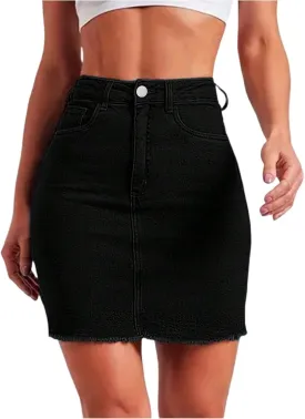 fanmpghleoo Denim Skirts for Women Short Frayed Hem Curvy Pencil Skirt High Waisted Summer Casual Jean Skirts with Pockets