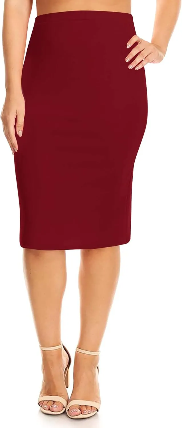 FashionStream Women's Plus Size High Waist Elastic Band Solid Pencil Bodycon Office Work Midi Skirt