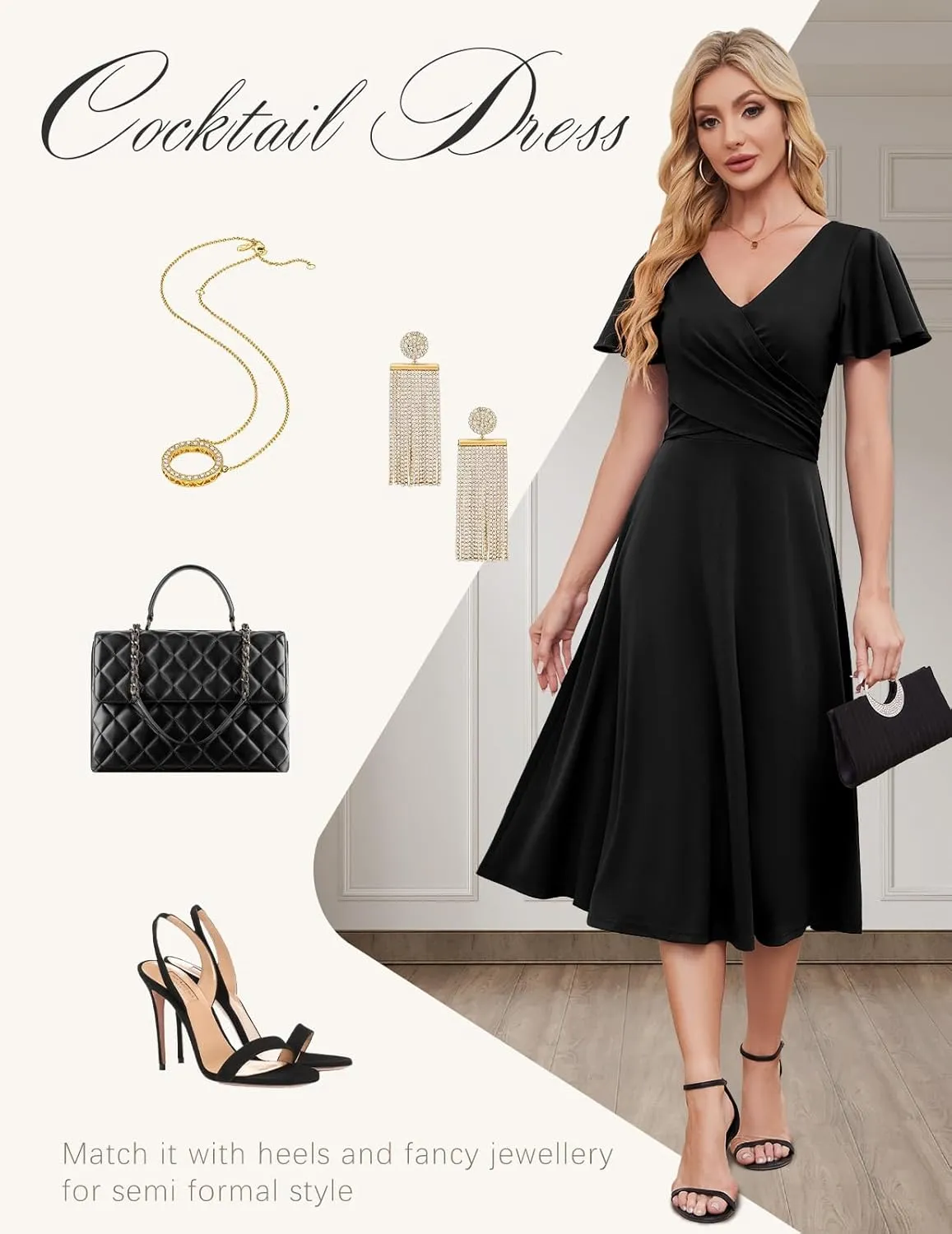 Gardenwed Womens Cocktail Dress Wedding Guest Semi Formal Wrap V Neck Short Sleeve Ruched A Line Midi Dresses with Belt