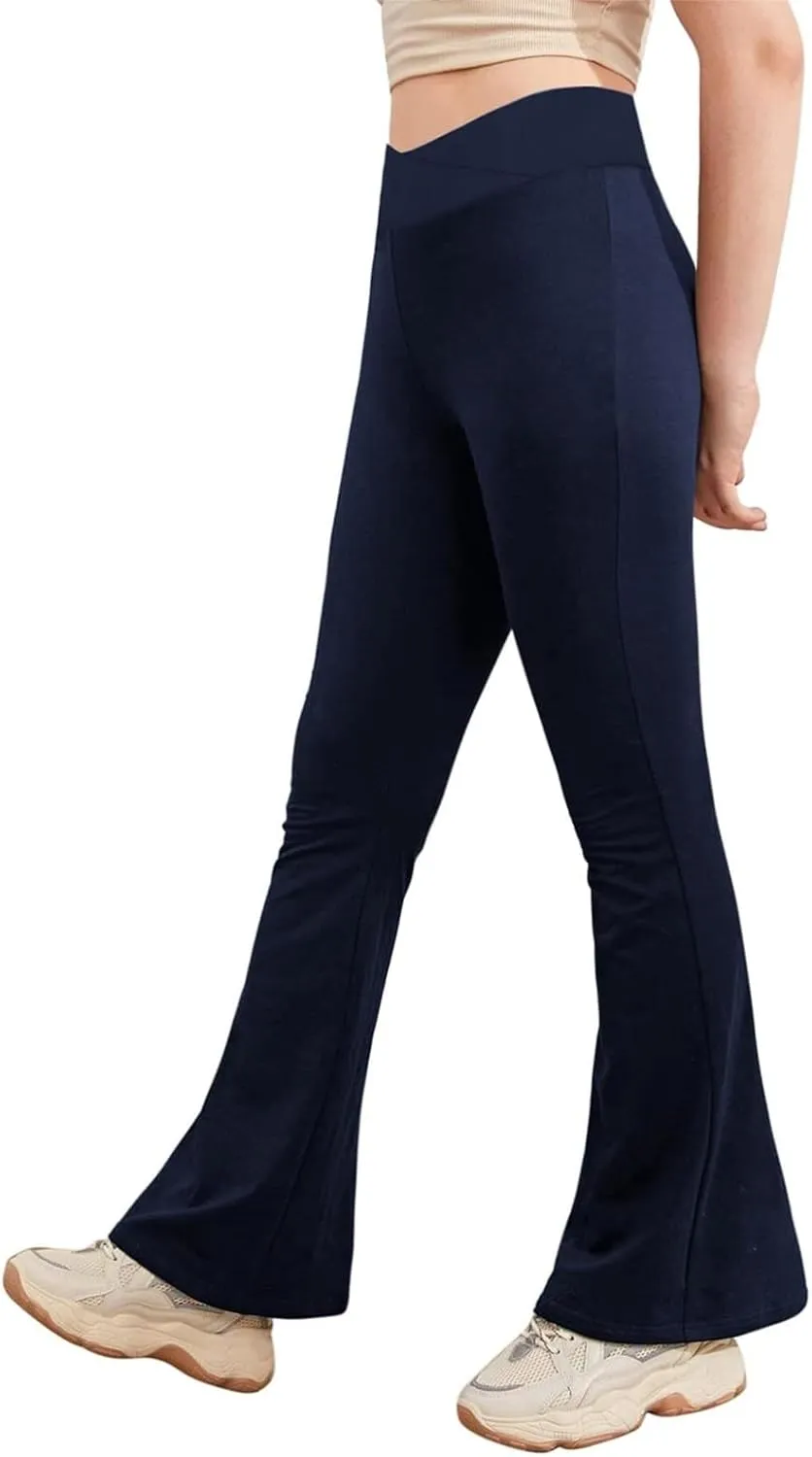 Girls High Waisted Crossover Flare Leggings Yoga Pants Bootcut Bell Bottoms Kids Stretchy Solid Dance Pants Trousers