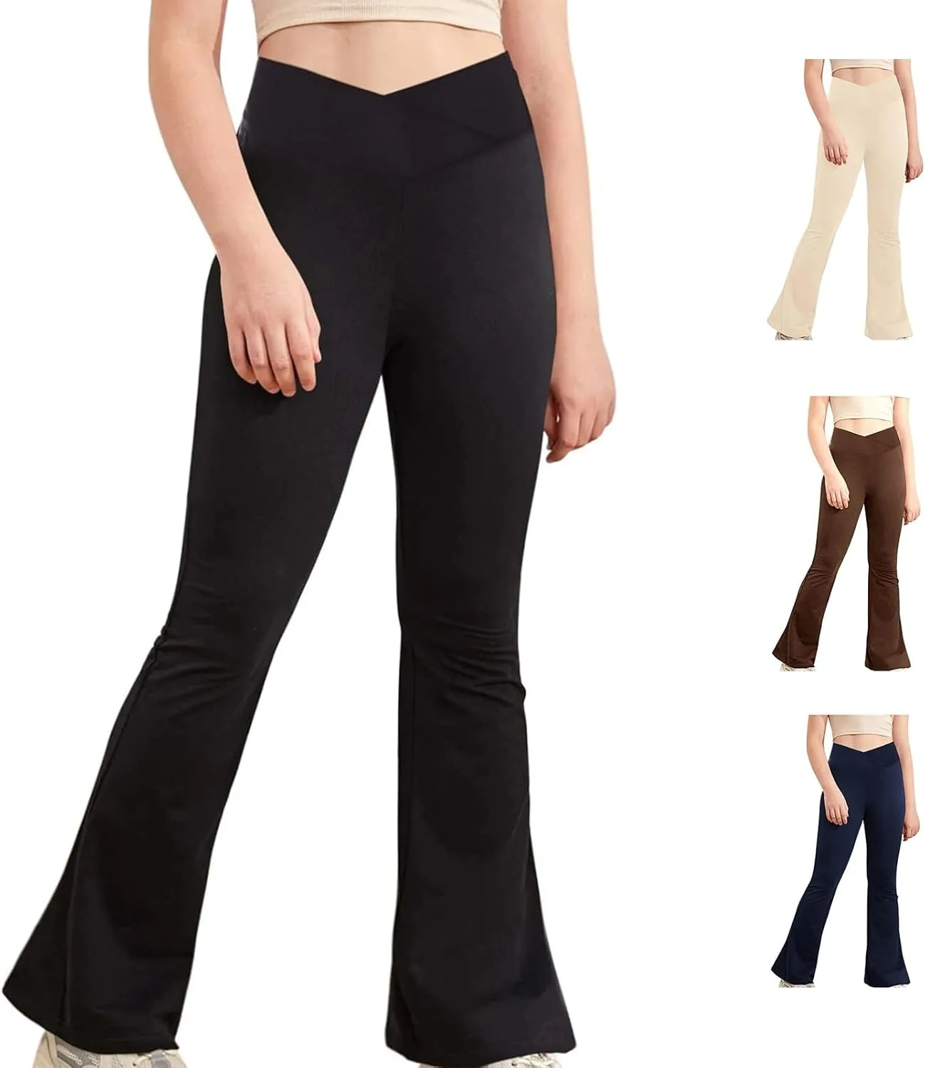 Girls High Waisted Crossover Flare Leggings Yoga Pants Bootcut Bell Bottoms Kids Stretchy Solid Dance Pants Trousers