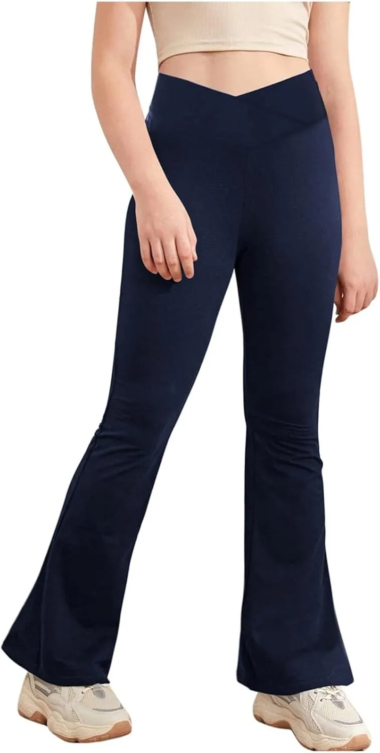 Girls High Waisted Crossover Flare Leggings Yoga Pants Bootcut Bell Bottoms Kids Stretchy Solid Dance Pants Trousers