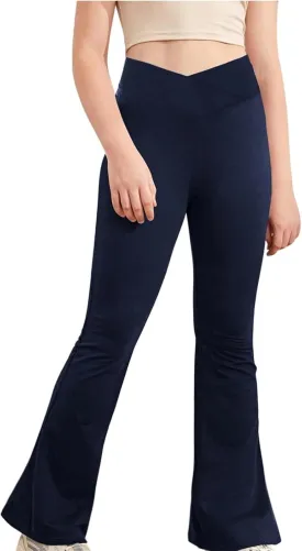 Girls High Waisted Crossover Flare Leggings Yoga Pants Bootcut Bell Bottoms Kids Stretchy Solid Dance Pants Trousers
