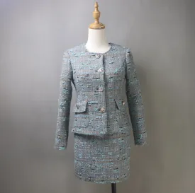 Grey Teal Tweed Skirt Suit