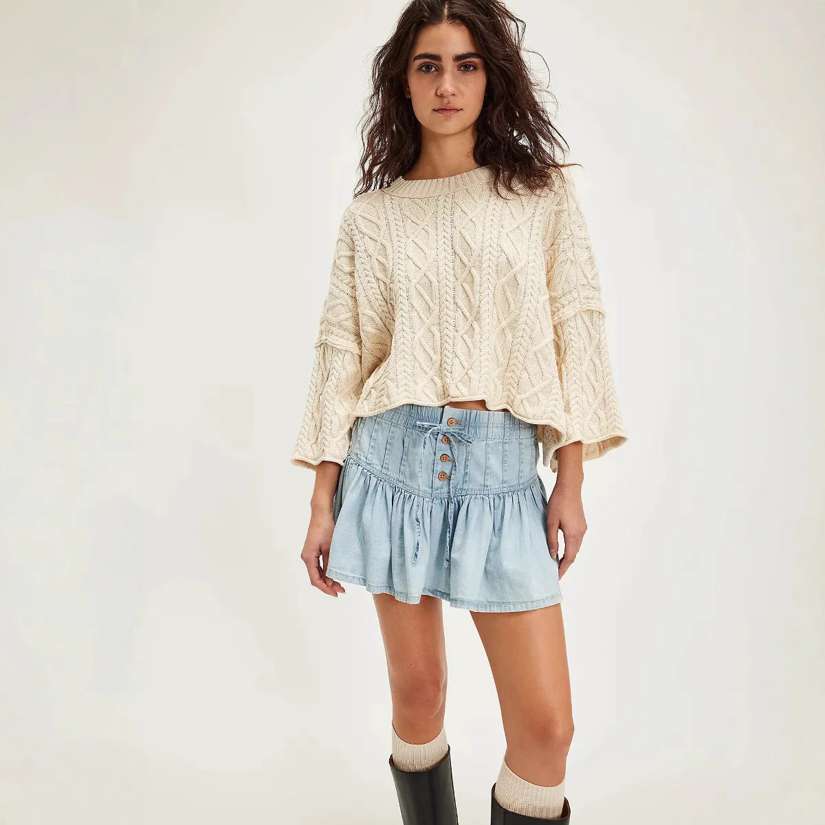 High Waist Casual Retro Denim Pleated Skirt