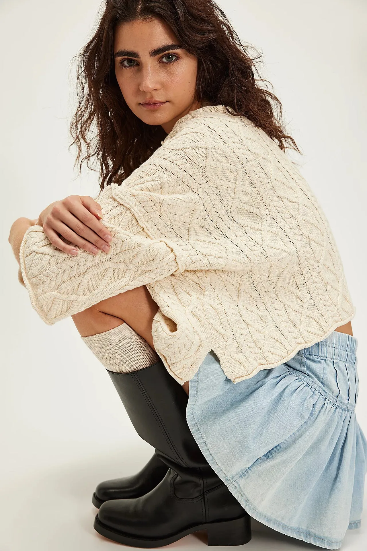 High Waist Casual Retro Denim Pleated Skirt