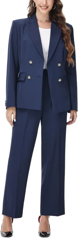 Lamgool Women's 2 Piece Set Double Breasted Blazer and Pants Suit Business Outfits for Work Office