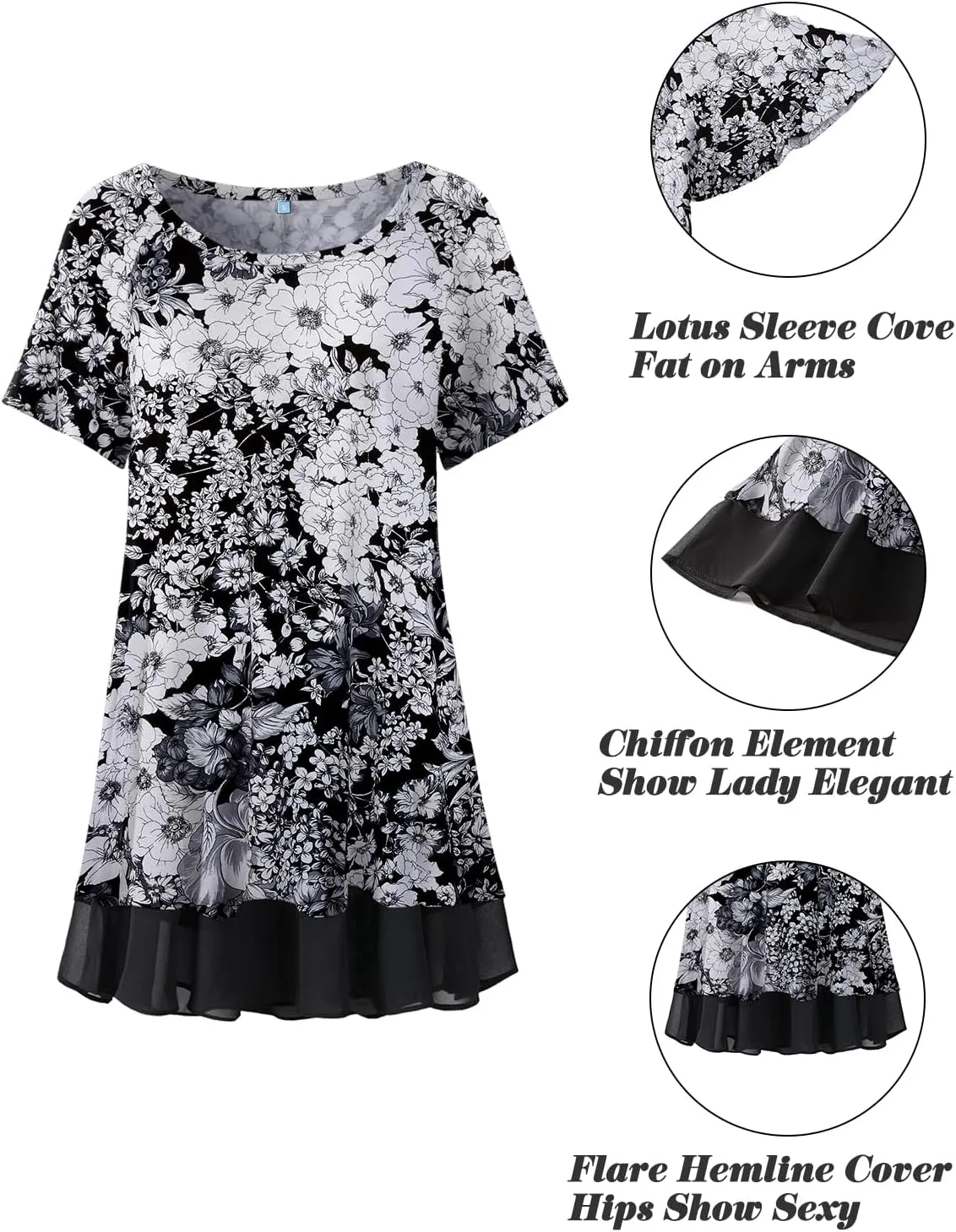 LARACE Plus Size Tunic Tops for Womens Summer Clothes Dressy Round Neck Short Sleeve Shirts Flowy Chiffon Blouses