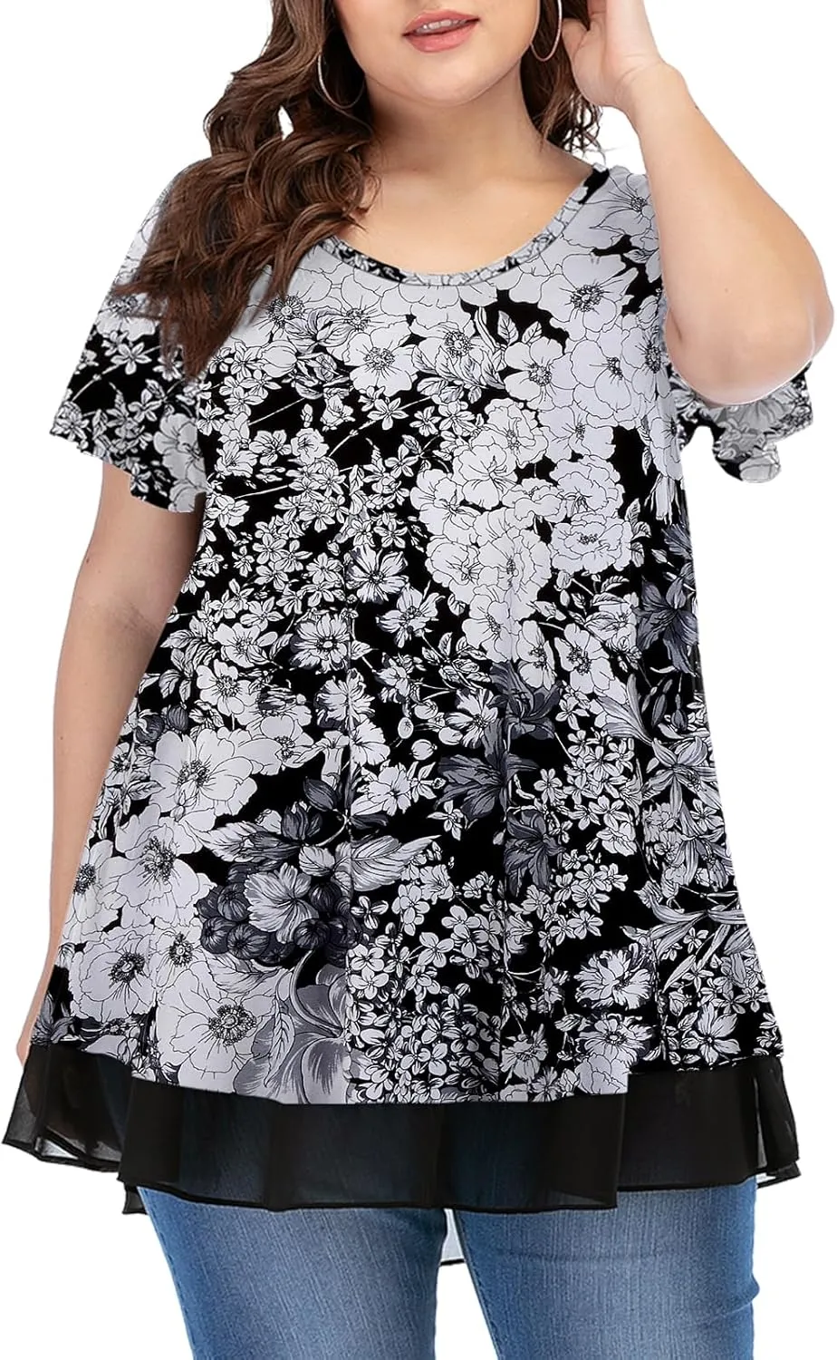 LARACE Plus Size Tunic Tops for Womens Summer Clothes Dressy Round Neck Short Sleeve Shirts Flowy Chiffon Blouses