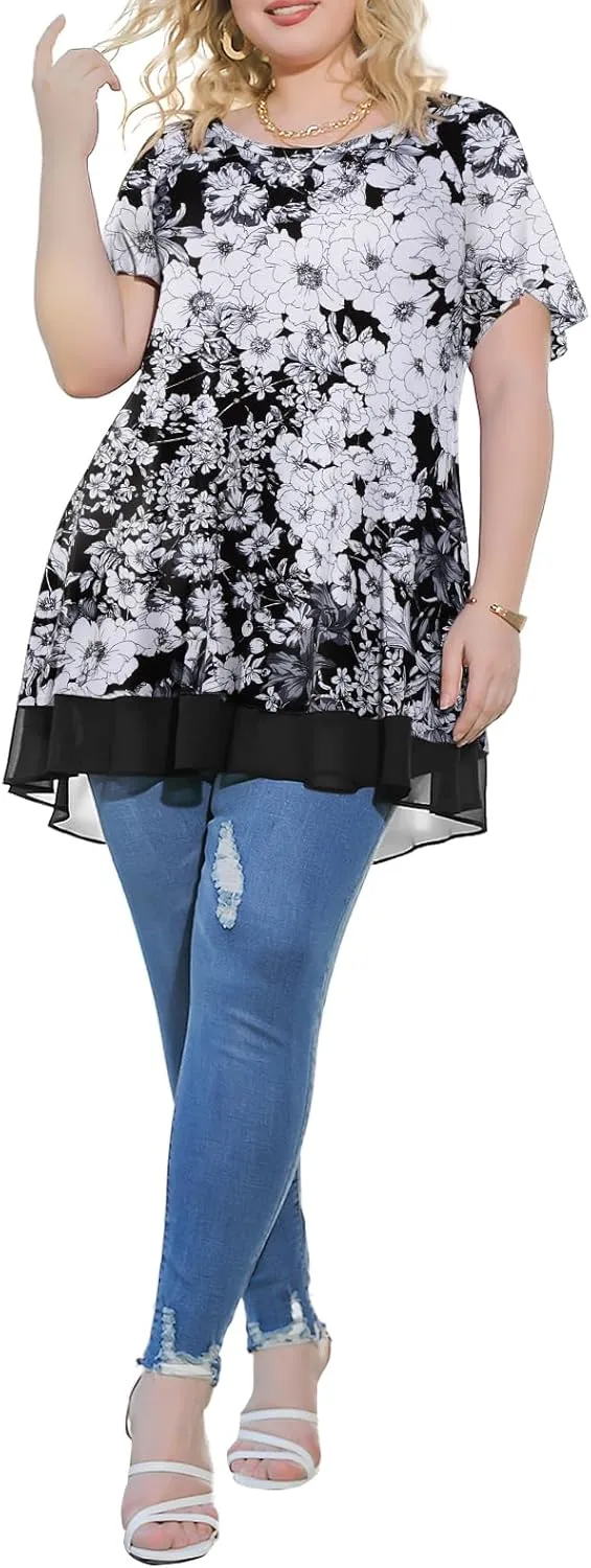 LARACE Plus Size Tunic Tops for Womens Summer Clothes Dressy Round Neck Short Sleeve Shirts Flowy Chiffon Blouses
