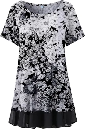 LARACE Plus Size Tunic Tops for Womens Summer Clothes Dressy Round Neck Short Sleeve Shirts Flowy Chiffon Blouses