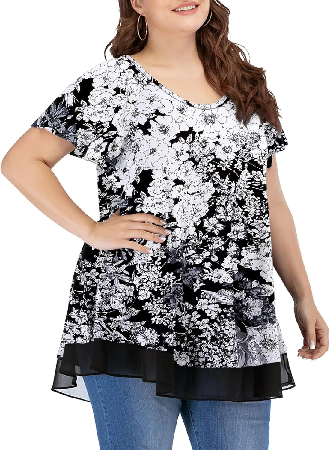 LARACE Plus Size Tunic Tops for Womens Summer Clothes Dressy Round Neck Short Sleeve Shirts Flowy Chiffon Blouses