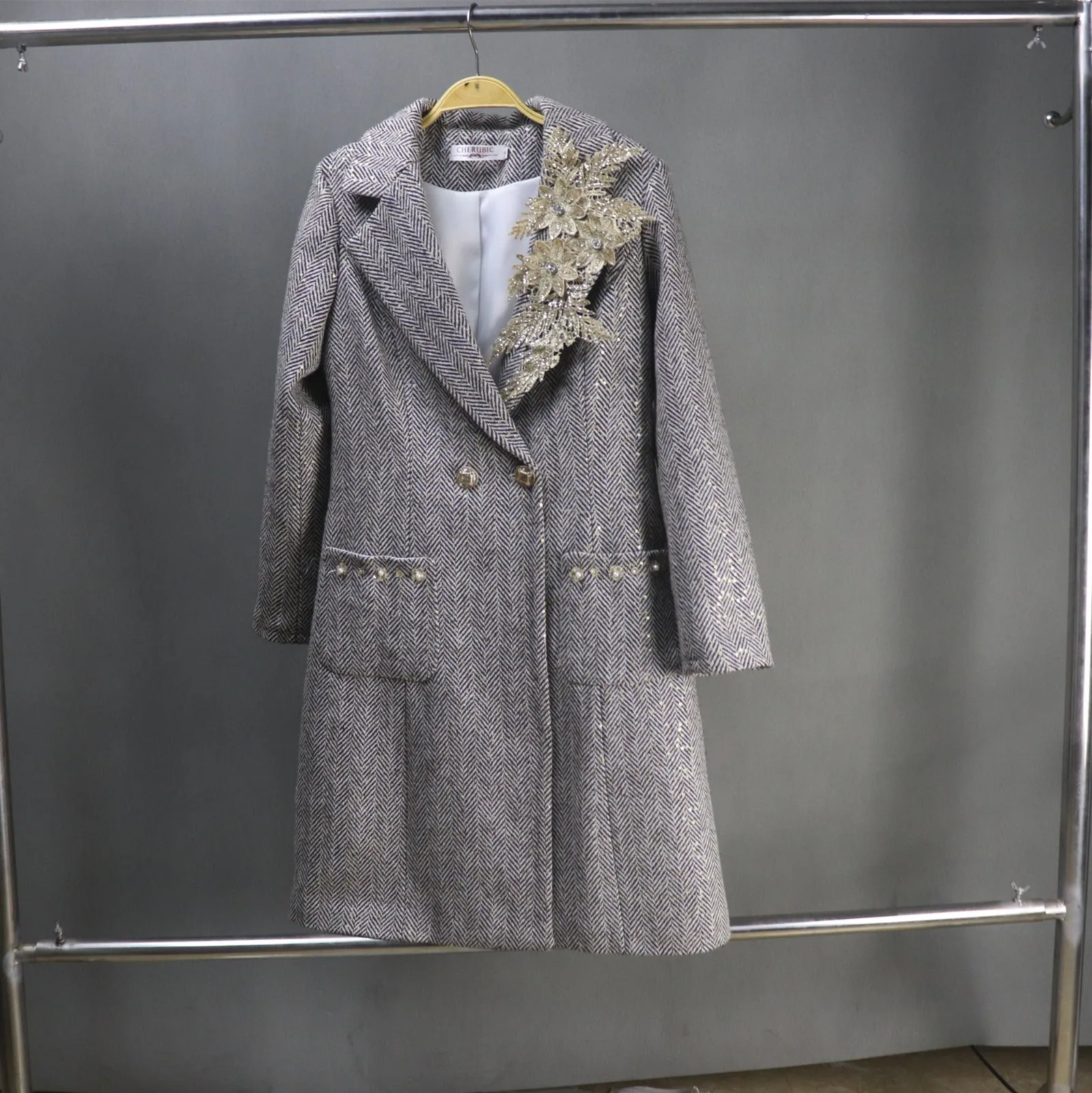 Long Coat Sequinned Flowers Collar Tweed For Womens