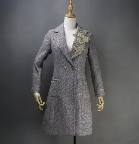 Long Coat Sequinned Flowers Collar Tweed For Womens